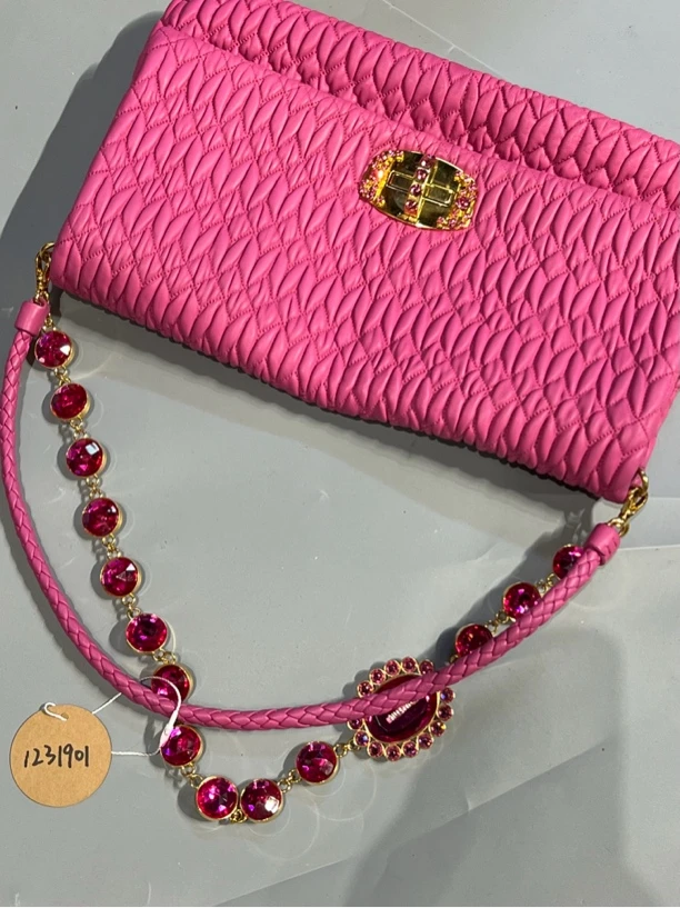 95新 MIU MIU/缪缪 夏七中古/粉色褶皱宝石链条单肩包/1231901