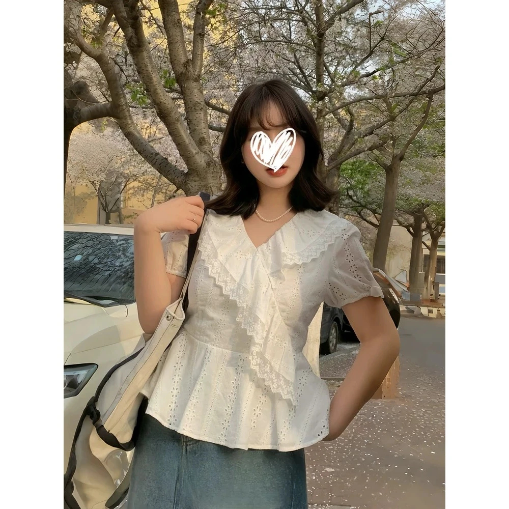 大码胖mm法式温柔风短袖衬衫女夏新款甜美v领荷叶边收腰上衣8251