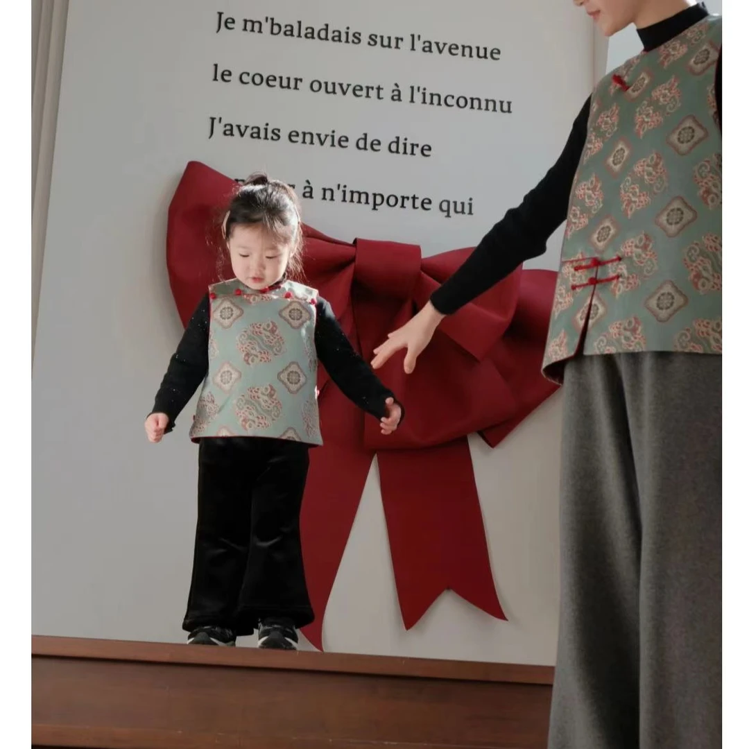 壹妈童装女童拜年服马甲秋冬洋气新中式蓝色唐装儿童洋气复古汉服