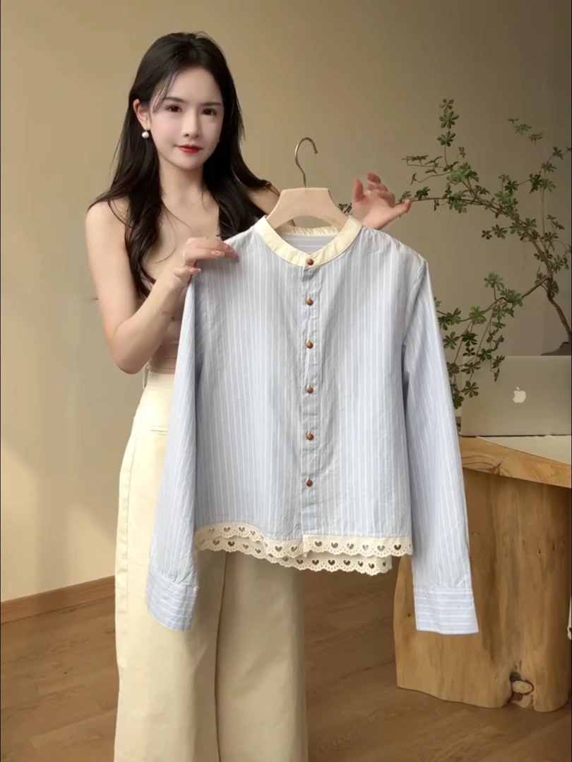 白色立领拼接条纹衬衫女2025新款小个子衬衣长袖宽松显瘦短款上衣
