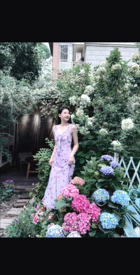 《莫奈花园》定制雪纺小玫瑰夏季气质长款复古少女连衣裙印花紫色
