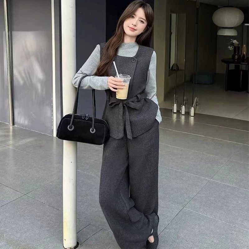 现货秒发----长袖针织打底马甲阔腿裤三件套女