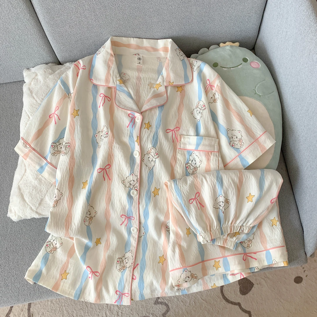 卡通条纹小猫睡衣套装女款夏季甜美可爱短袖短裤家居服印花云朵棉