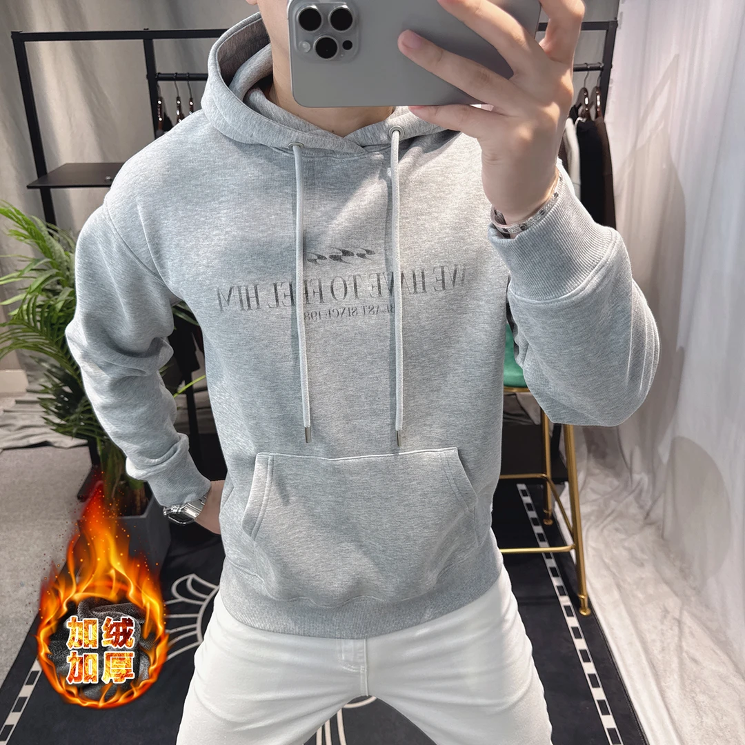 欧洲站连帽卫衣男加绒加厚长袖宽松潮流美式字母印花灰色帽衫外套