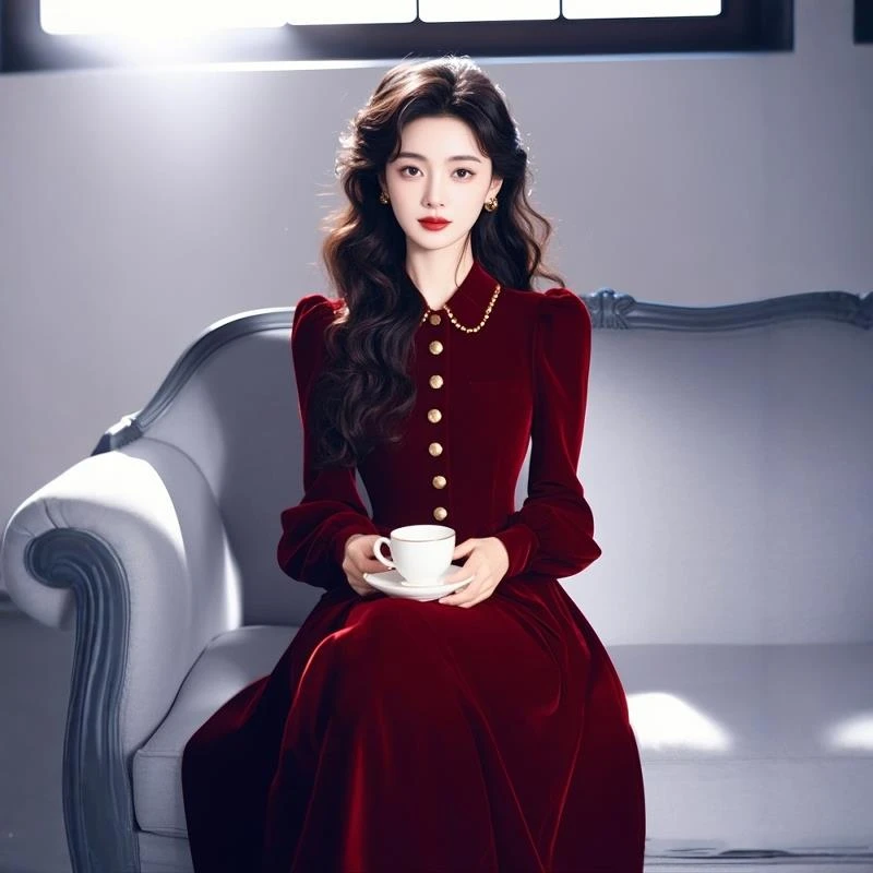 2025年冬季富家千金高级感穿搭年会礼服长裙法式酒红色丝绒连衣裙