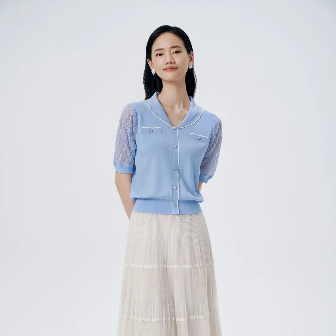 【粉丝专享】BuouBuou法式时尚花边领钉珠针织套头开衫上衣DJ1A906