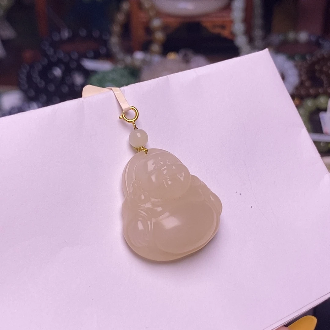 和田玉未镶嵌颈饰藕粉老矿料金镶佛公