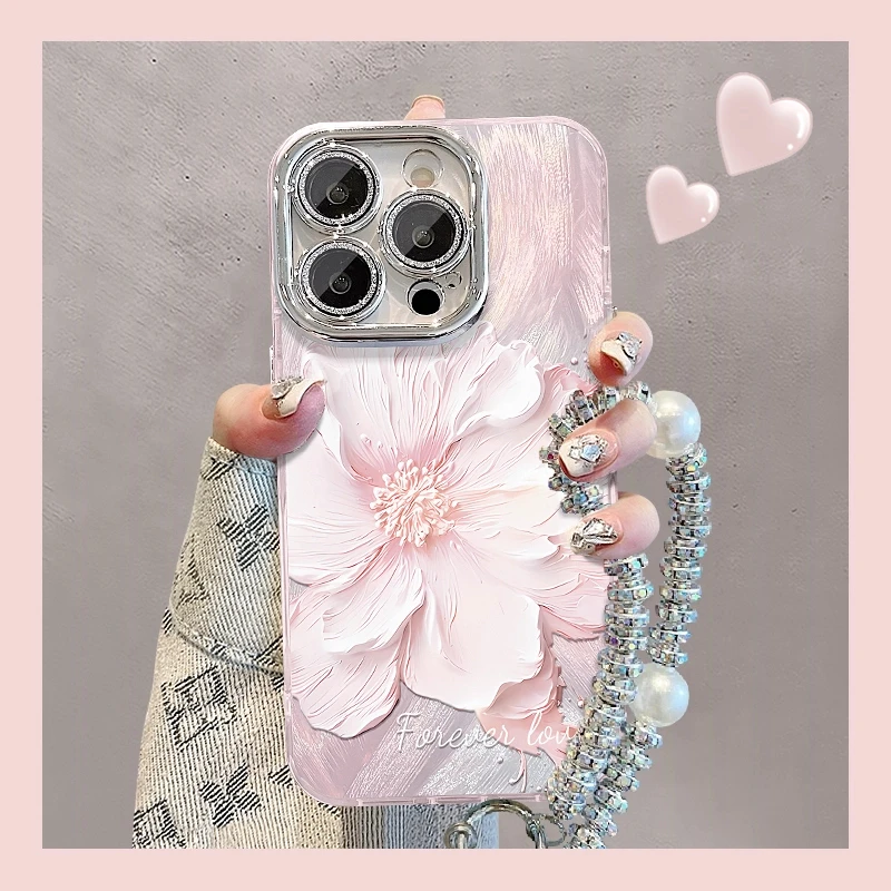 浮雕花手链适用苹果15vivo华为oppo小米iPhone16精孔羽纱纹手机壳