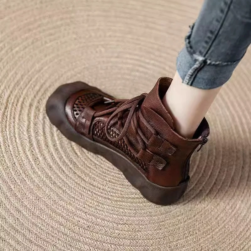 凉靴罗马网格纯色平底百搭镂空绑带舒适高帮英伦风厚底休闲