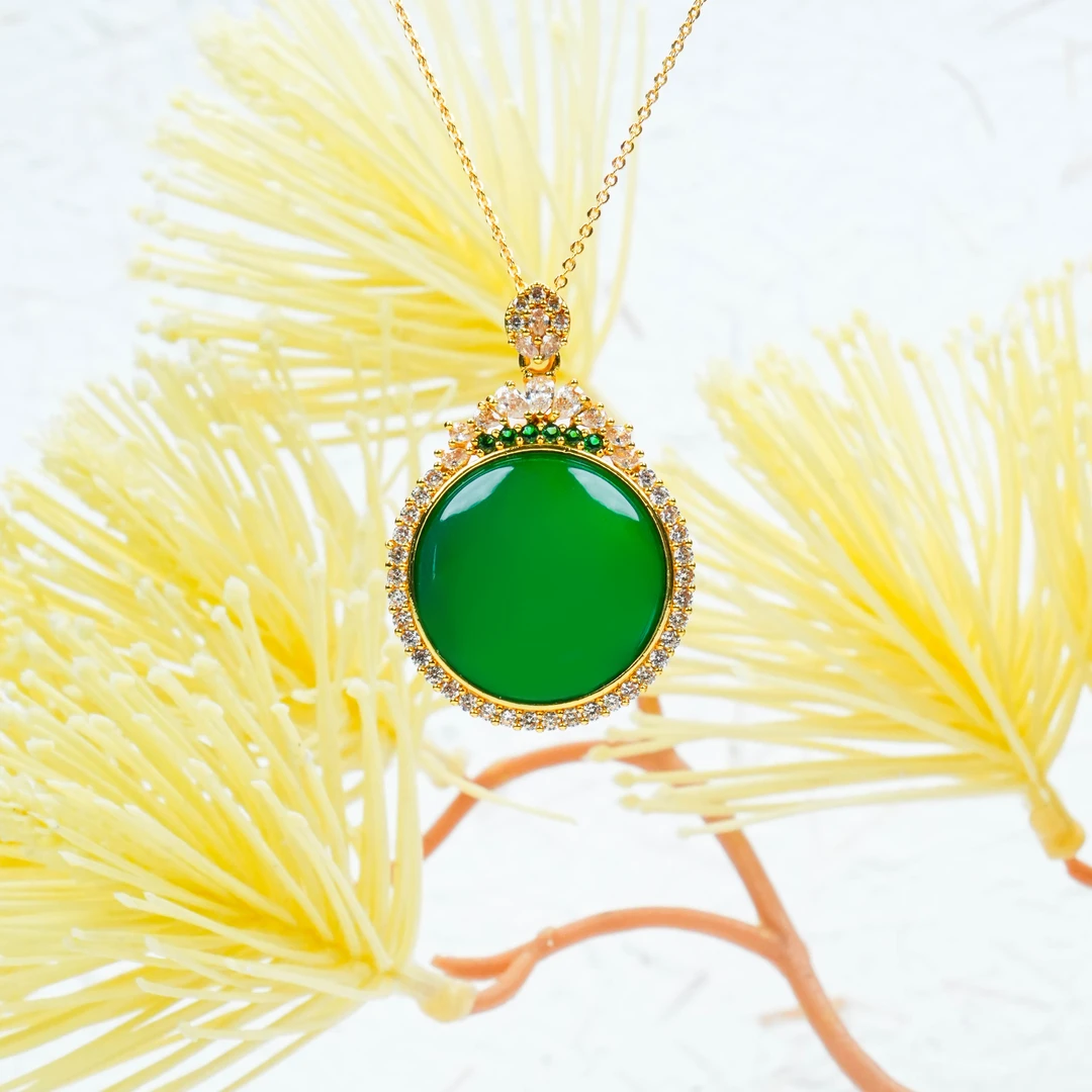 Y-603 天然绿玛瑙 圆形鼓面吊坠