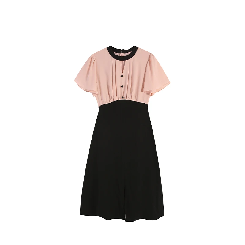 【五季家大码】黑拼粉连衣裙短袖圆领收腰拼接黑色夏季裙子气质