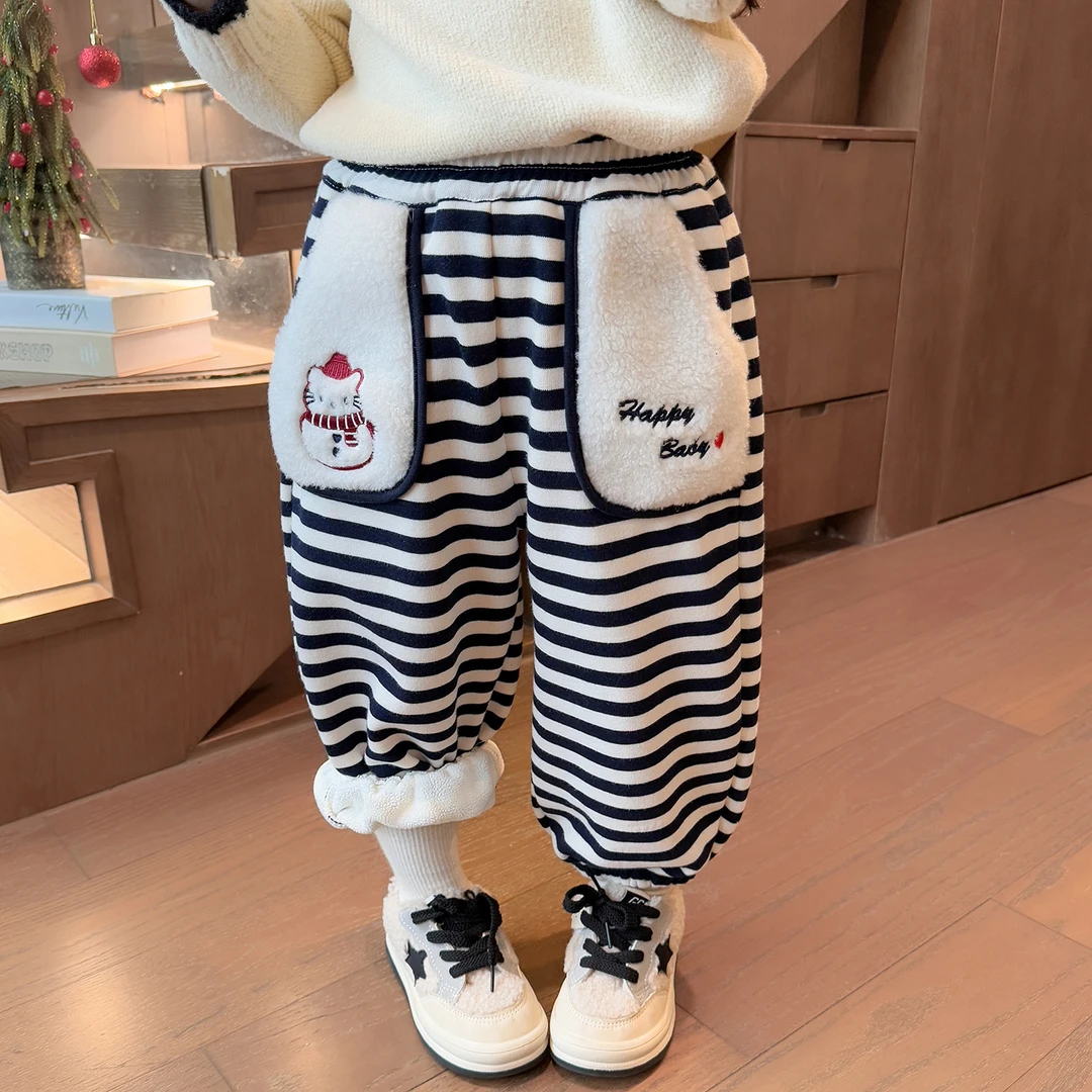 女童加绒条纹裤儿童卫裤秋冬2025新款宝宝童装裤子加厚小童加绒裤