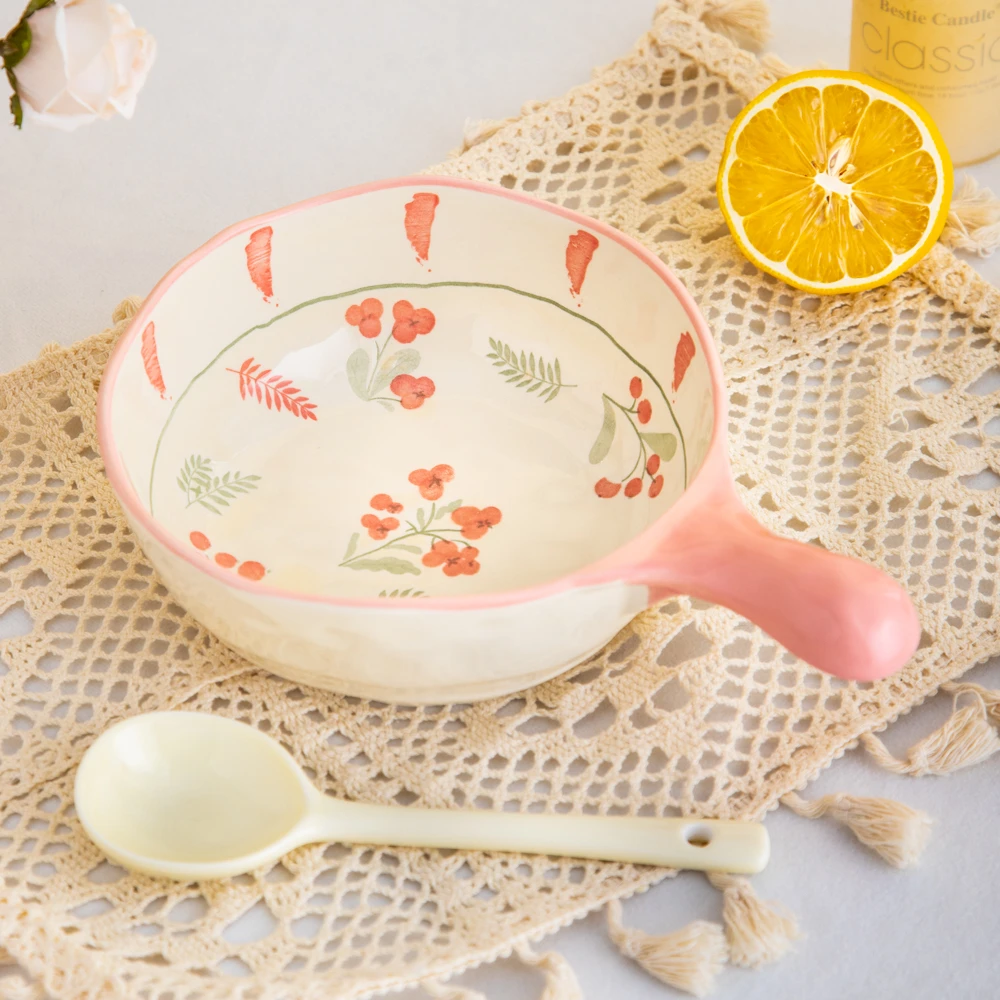 家用陶瓷餐具美二烧釉下彩粉色海洋异形石头纹手柄碗带长柄勺子