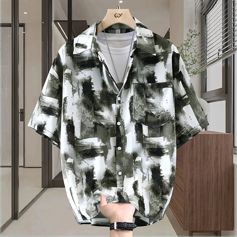 短袖夏季扎染男韩版冰丝印花衬衫衬衣男士印花薄款潮流外套