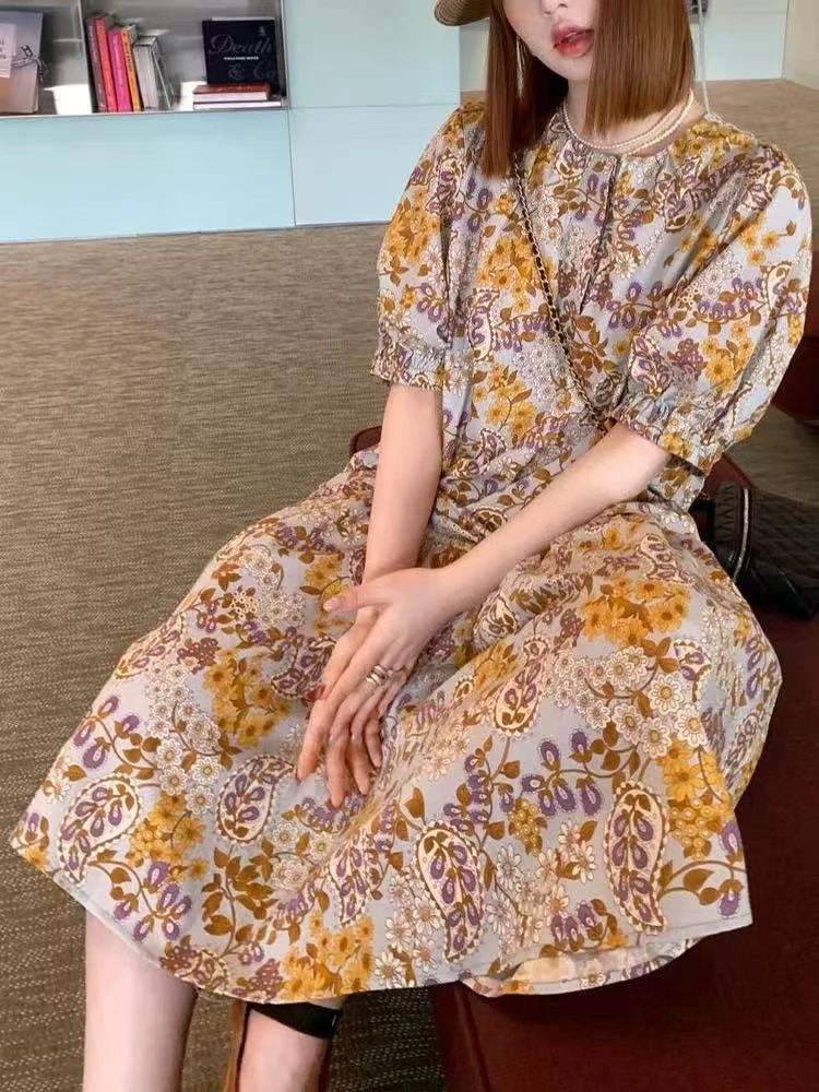 2025巨好看的法式气质小个子海边度假印花短袖连衣裙子女夏季1989