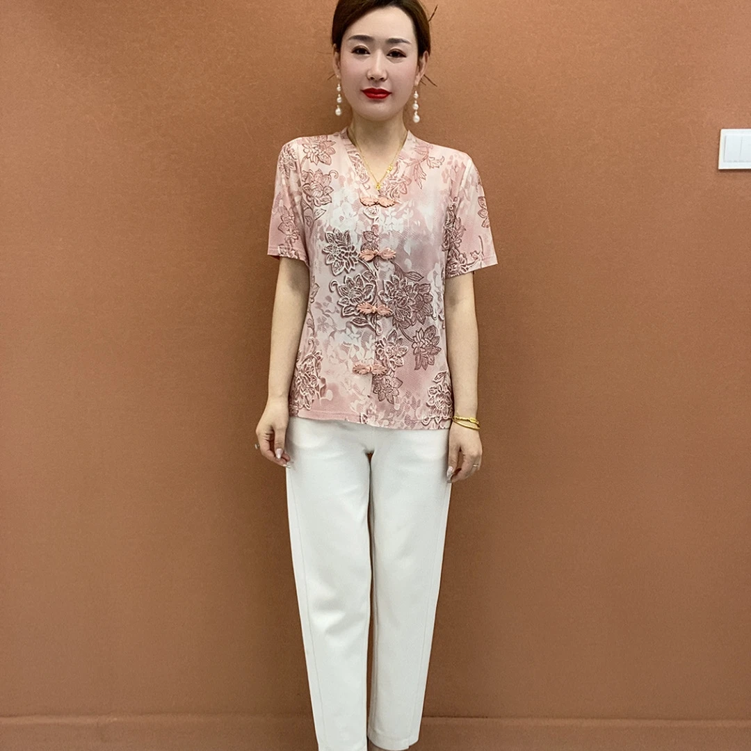 夏季新款中国风复古盘扣印花妈妈衫