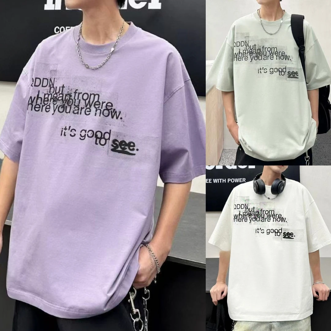 m青少年胸前叠印字母印花休闲宽松百搭潮流设计时尚圆领T恤短袖