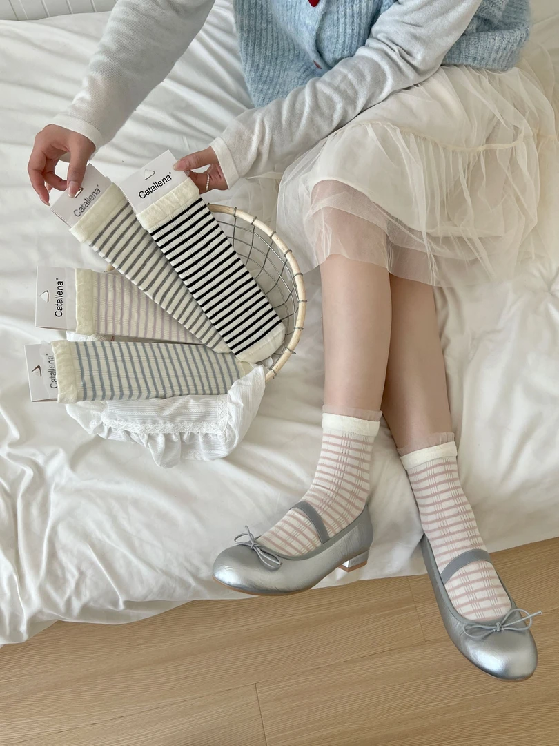 泡泡纱袜口条纹袜子 夏季薄款棉袜
