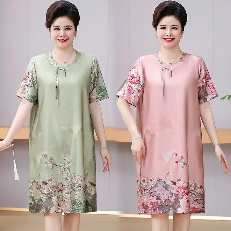 【110斤-230斤】2025夏季大码妈妈装新中式时尚宽松中长款连衣裙