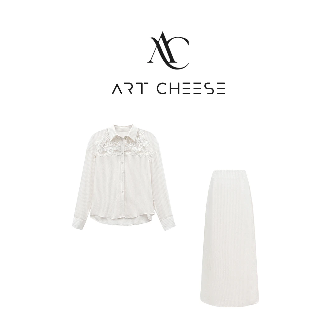 【芝士Cheese】温蒂公主 春夏新款时尚百搭镂空蕾丝竖条纹衬衫+半裙