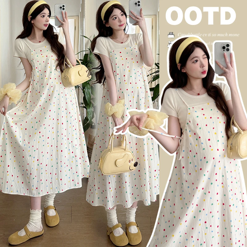 孕妇夏装2025夏季孕妇装彩色波点吊带裙子针织衫内搭T恤两件套套