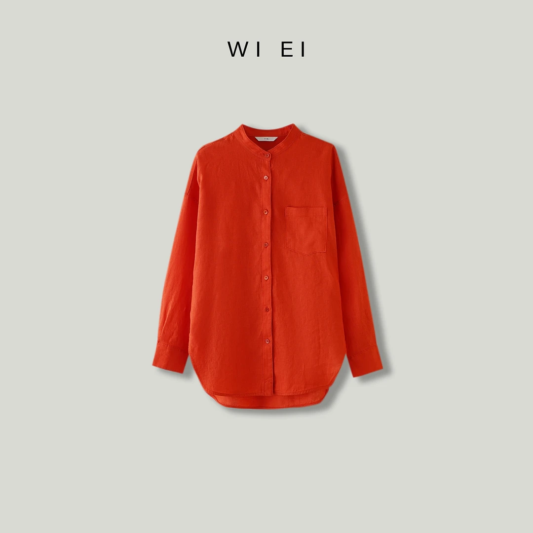 《WI EI》油画*100亚麻 通勤简约 老钱落肩立领长袖衬衫 24224