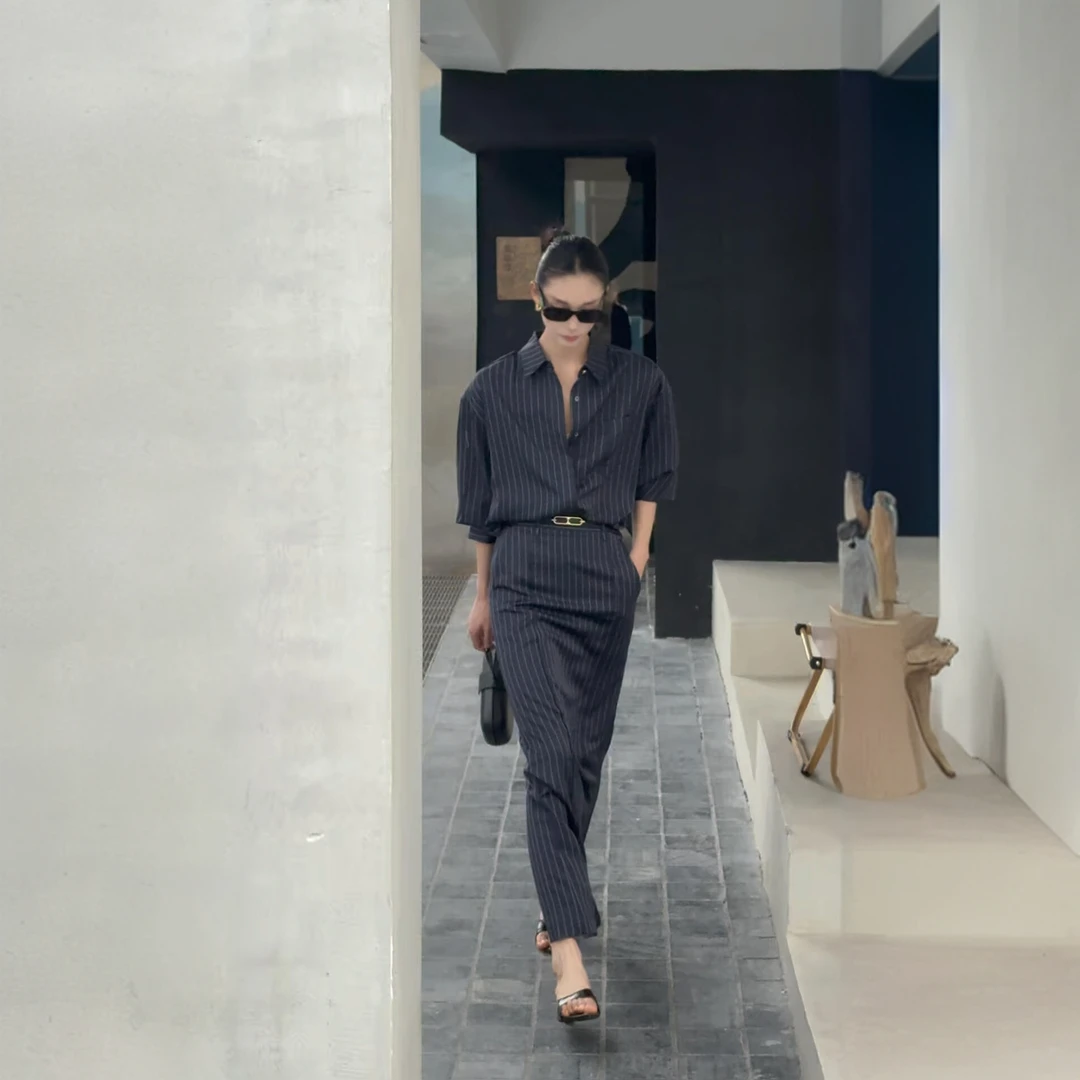 御姐条纹衬衫套装女秋季高智感通勤干练知性气质衬衣半身裙两件套