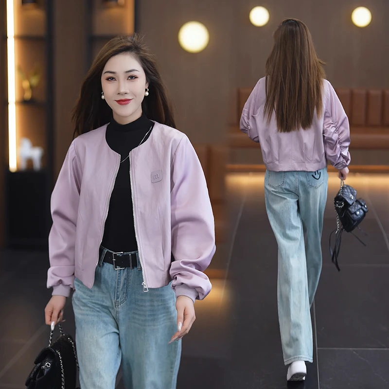 春季春秋短款抽褶宽松型口袋皮衣时尚百搭复古港风休闲短外套女