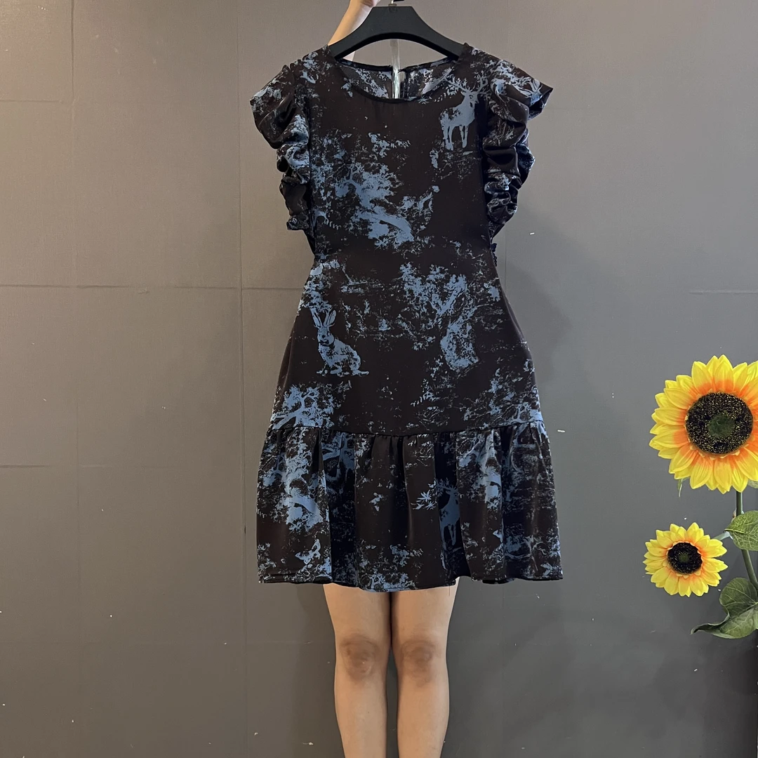 法式花边袖扎染碎花连衣裙胖MM遮肉显瘦气质优雅宽松连衣裙5001