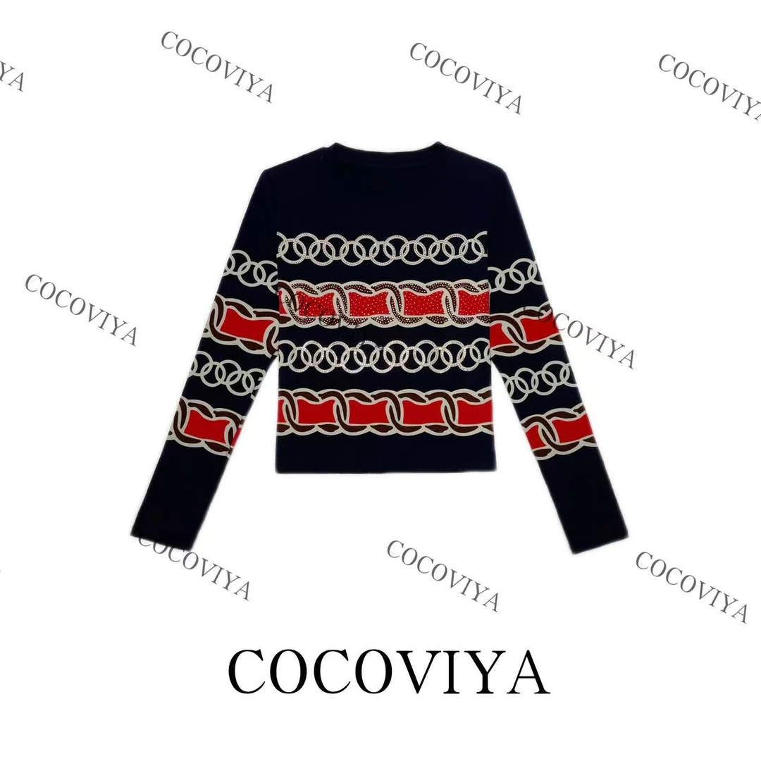 【XY】COCOVIYA链条提花撞色轻奢烫钻设计长袖T恤 26C-867