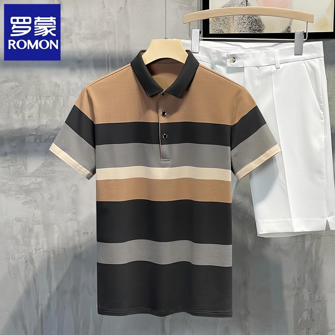 Romon/罗蒙男士2025夏季薄款新款休闲翻领T恤男装透气短袖POLO衫