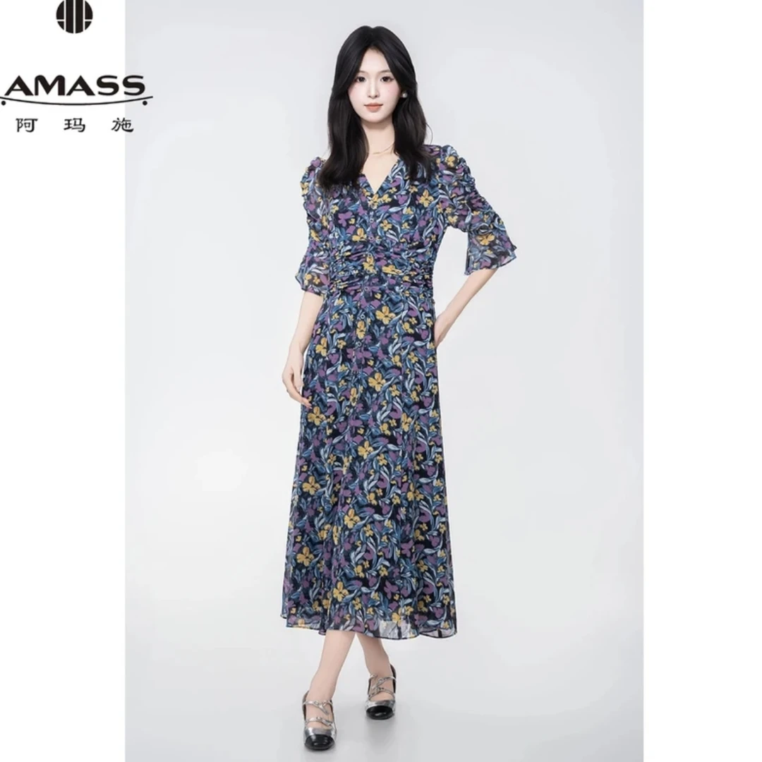 AMASS阿玛施春夏新款设计师款长裙优雅气质碎花法式茶歇裙550040