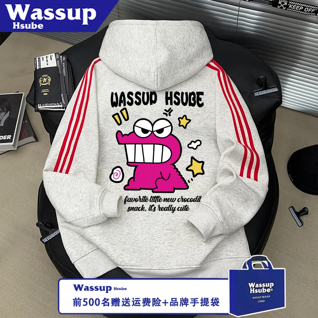 WASSUP HSUBE宽松拉链印花卡通长袖情侣秋冬恐龙字母三条杠上衣