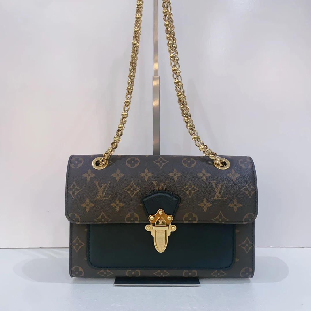 99新 LouisVuitton/路易威登 维多利亚经典老花拼色链条单肩包