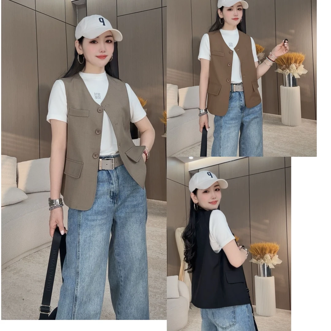 【6608】春季新款圆领设计款棉麻马甲时尚百搭网红气质宽松女士马甲