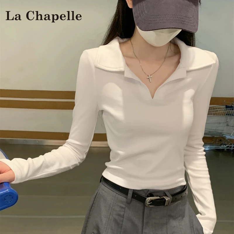 拉夏贝尔温柔风纯色翻领露肩长袖T恤女秋季设计感收腰气质小上衣