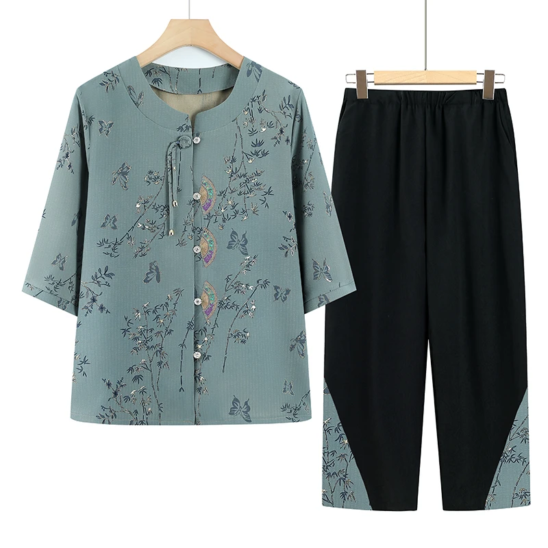 妈妈夏装中老年夏季女奶奶七分袖套装衬衫洋气开衫老人衣服两件套