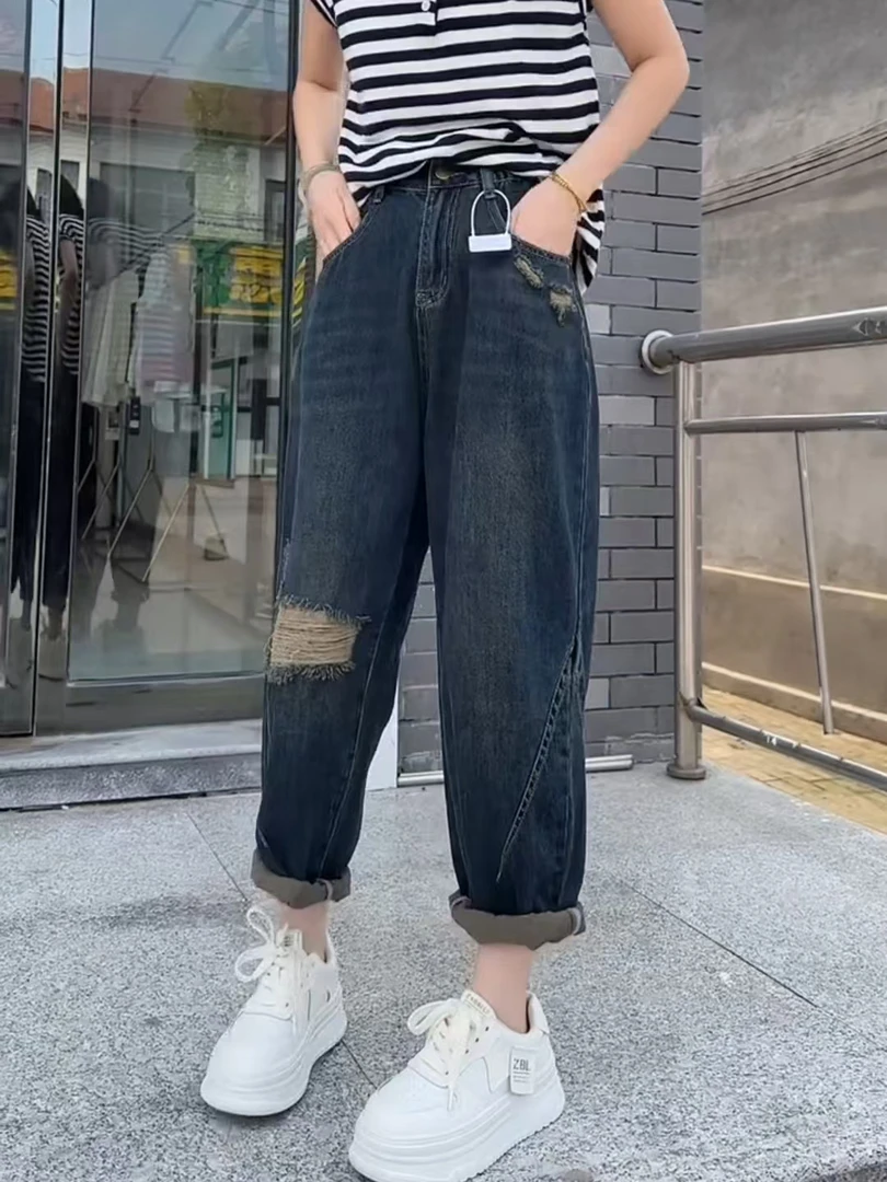 春季新款假破洞高腰弹力哈伦牛仔裤大码胖mm宽松显瘦老爹裤子女