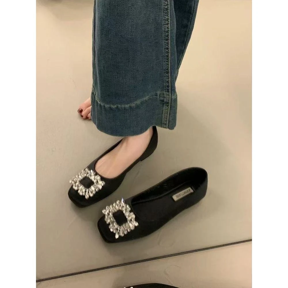 2025法式绸缎面方头平底单鞋女仙女鞋水钻扣气质 858x5 XFL 检