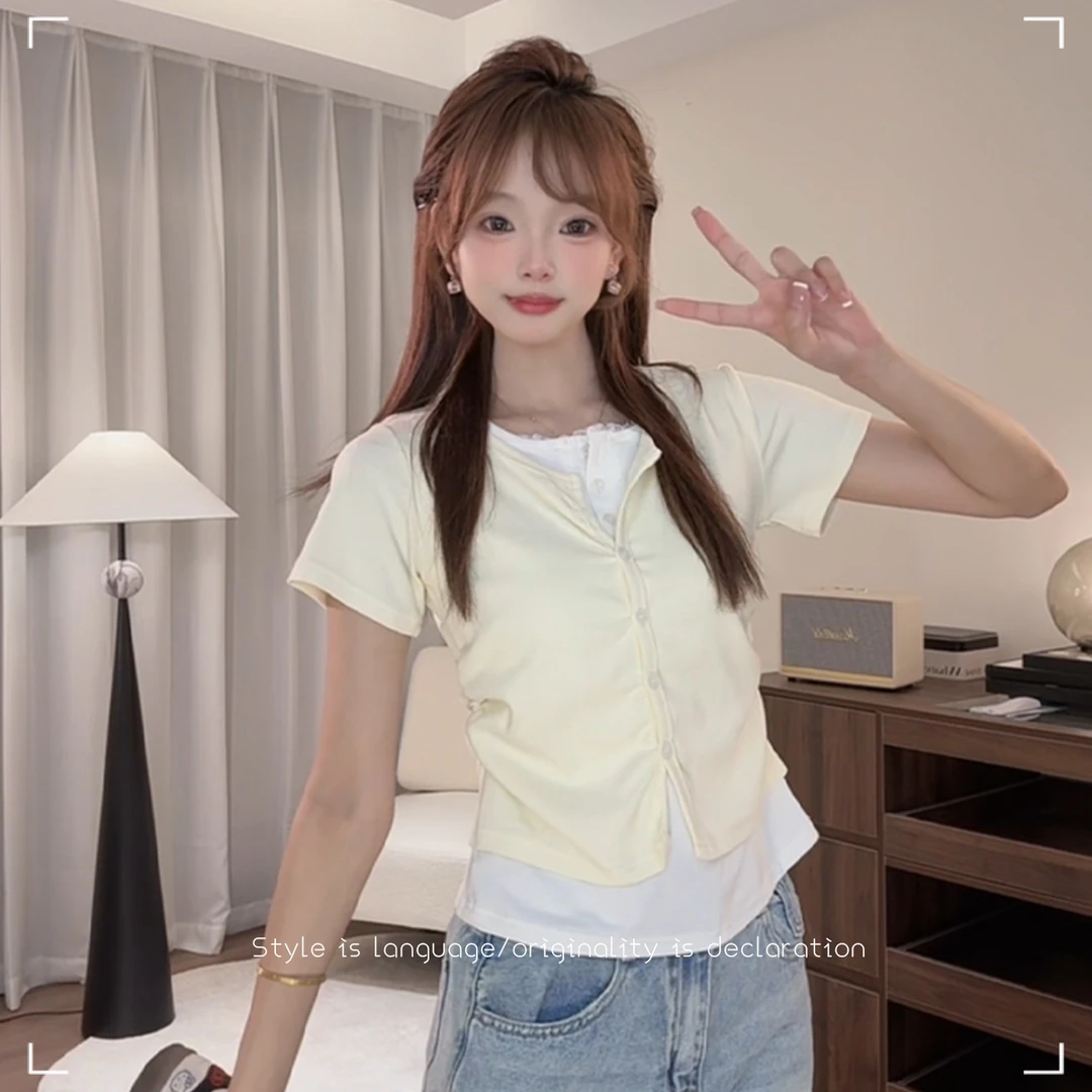 【现货】蕾丝拼接撞色假两件修身甜美百搭圆领收腰显瘦短袖T恤上衣