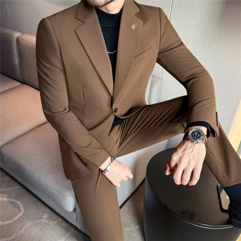 免烫抗皱色织高档面料纯色西装西裤两件套西服糖咖色结婚西服韩版