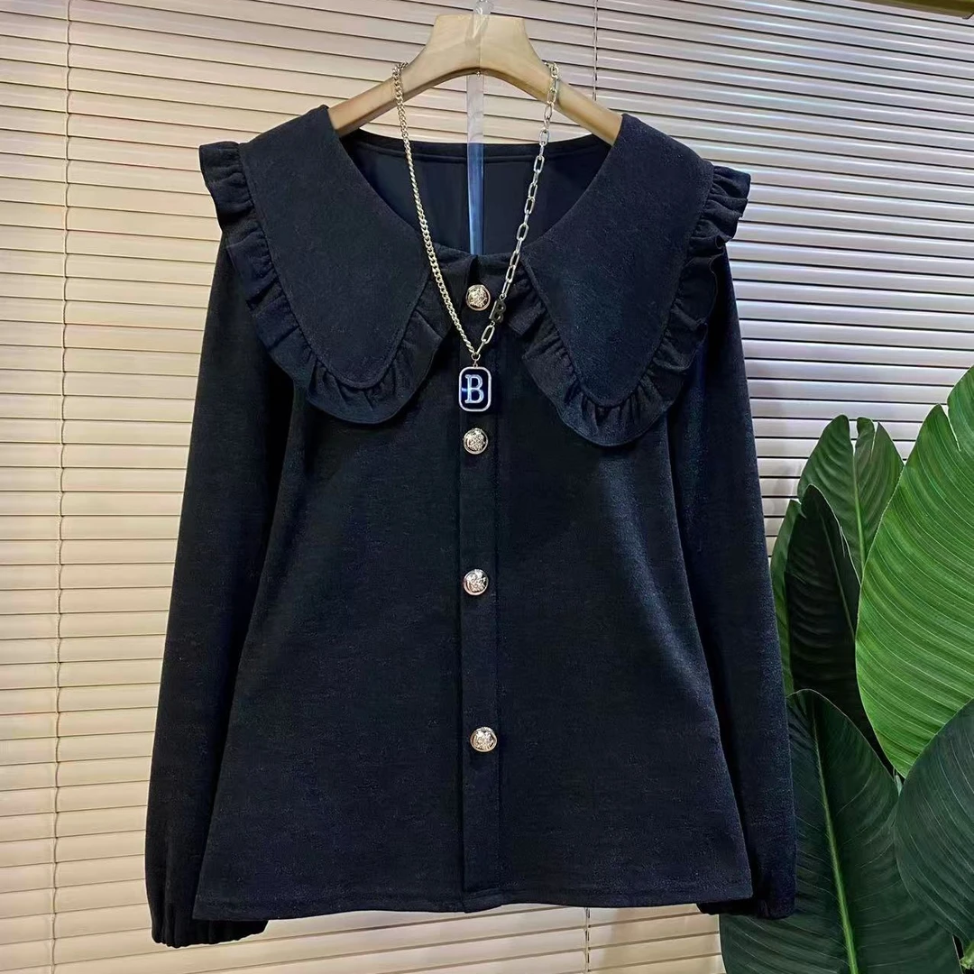 M胖mm欧货时尚新款秋季复古娃娃领设计款显瘦衬衫