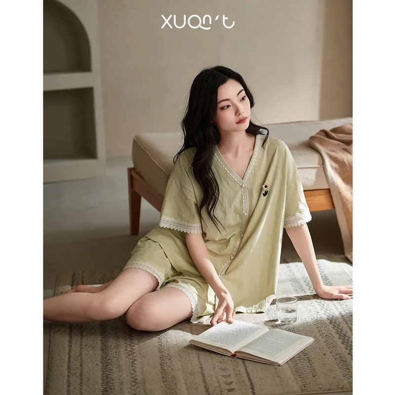 轩之婷睡衣女款夏季2025新款纯棉短袖V领时尚小花花边家居服套装