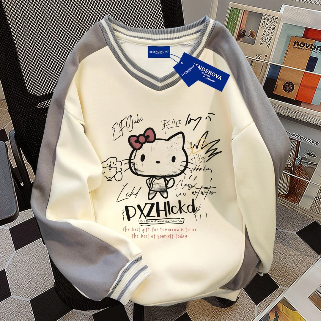 日系小众欧美爆款拼接V领卫衣女秋冬季宽松甜美显瘦加绒加厚上衣