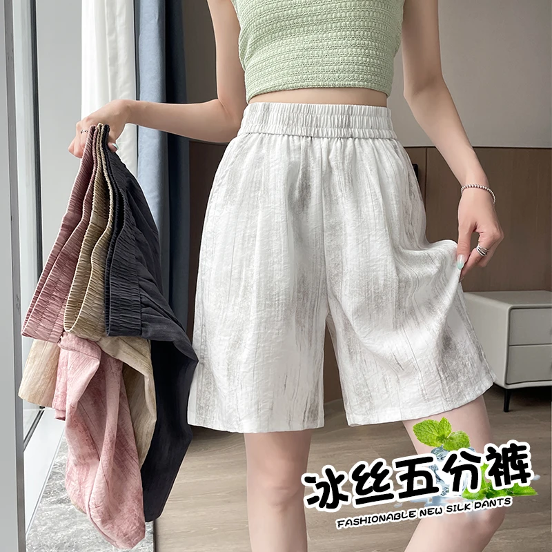 五分裤女夏季薄款爆款2025新款大码扎染亚麻短裤女外穿冰丝中裤子