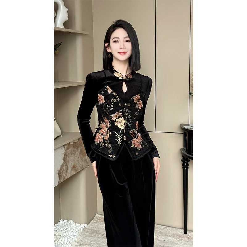 格娜新中式水滴领秋冬新设计款绣花丝绒上衣黑色小众国风两件套