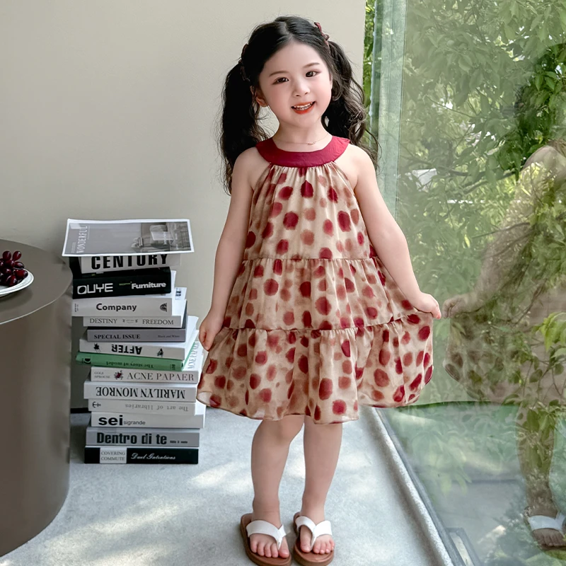 小女孩夏装洋气女宝宝挂脖雪纺连衣裙夏款女童蝴蝶结无袖背心裙潮