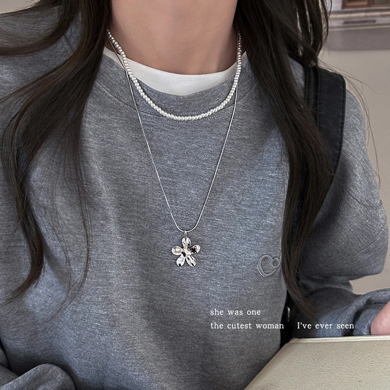 合金项链 韩国时尚叠戴银色花朵项链女可调节抽拉锁骨链颈链配饰