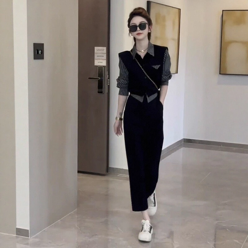 2025秋季新款韩版时尚套装女洋气显瘦假两件上衣搭半身裙两件套