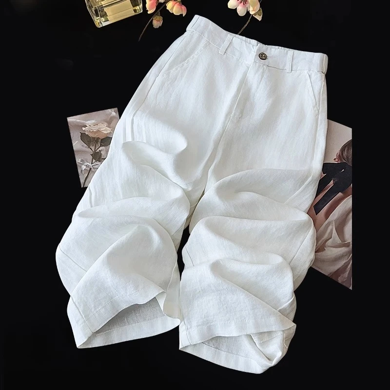 白色天丝棉麻阔腿裤女春秋季2025新款高腰垂感夏季薄款亚麻直筒裤